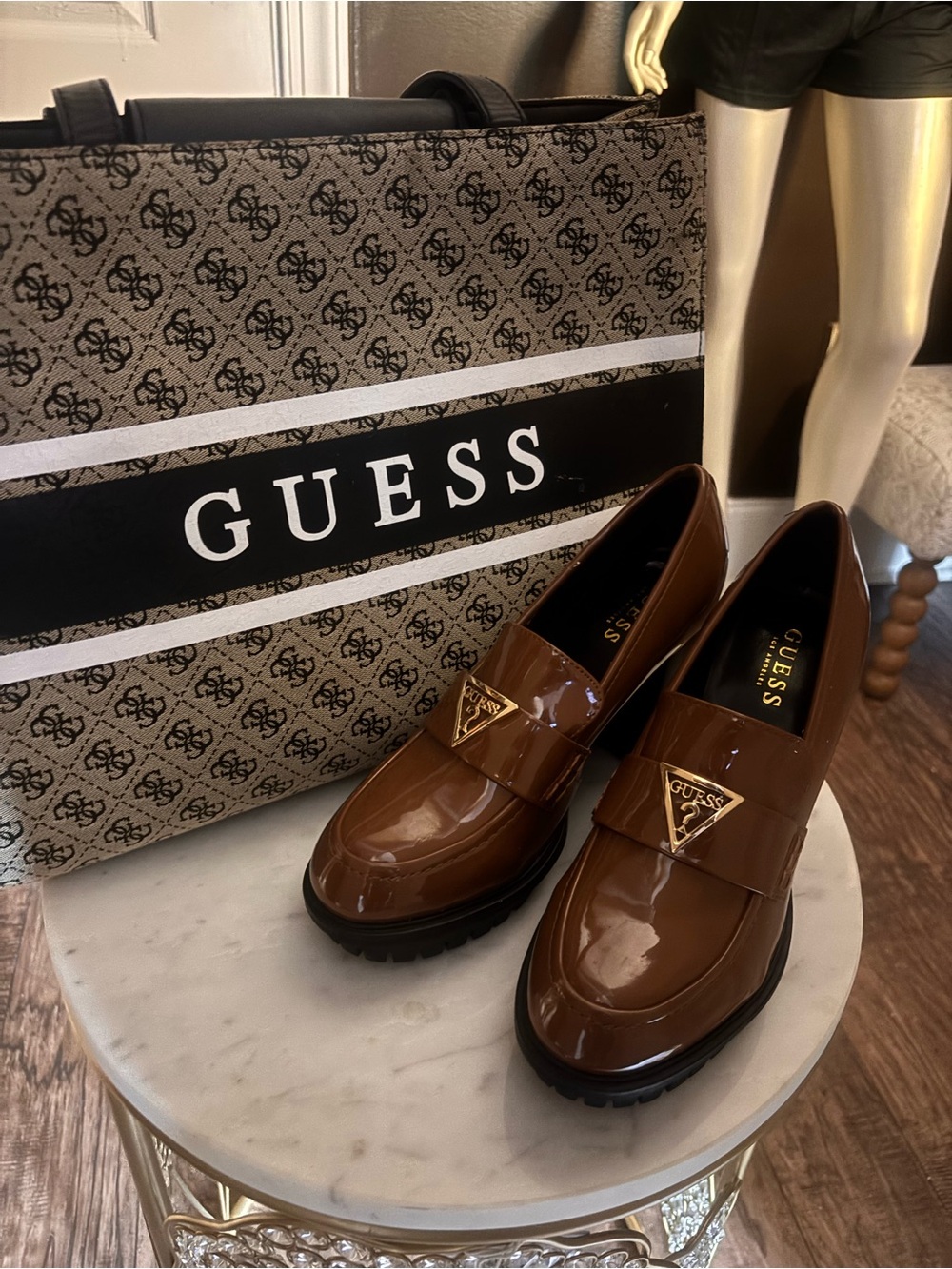 GUESS Brown Patent Leather Slip-On Loafers with Gold Triangle Logo bundle pack